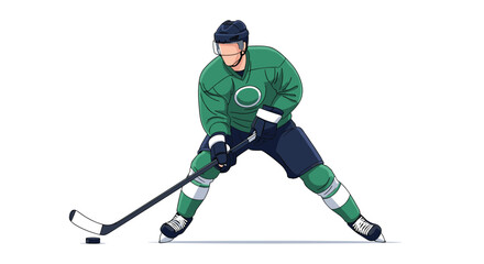 Fototapeta premium Skilled ice hockey player in a green jersey and helmet leaning forward to control the puck with his stick.