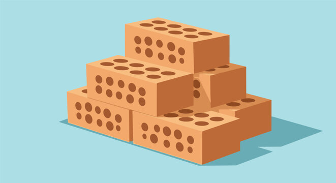 Neat pile of orange-red clay bricks with holes, displayed in a three-dimensional isometric view on a blue background.