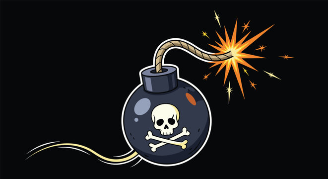 Classic cartoon round bomb with a skull and crossbones decal and a sparkling lit fuse on a black background.