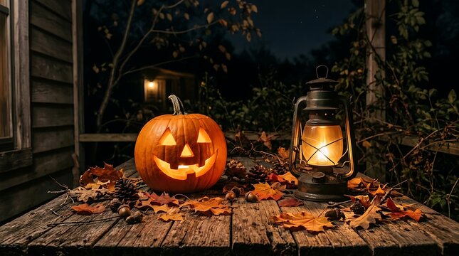 Glowing jack o lantern pumpkin and vintage oil lamp on a rustic wooden porch at night