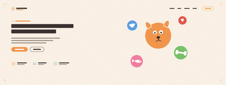 Pet care website banner template, veterinary grooming hero header with cute dog sticker, paw bone and fish badges, placeholder text, animal clinic vector landing page design