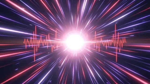 Abstract digital background with glowing light streaks and sound wave pulse 4k video