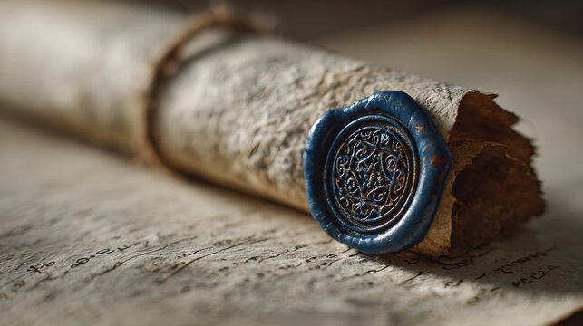 Rolled parchment scroll with blue wax seal and twine close-up