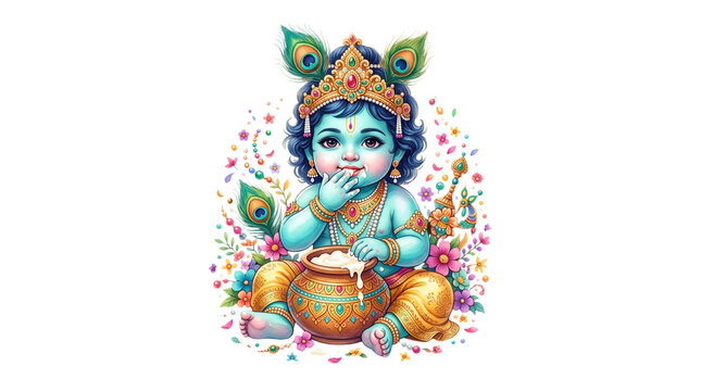 Cute baby krishna eating butter from a pot isolated on transparent background