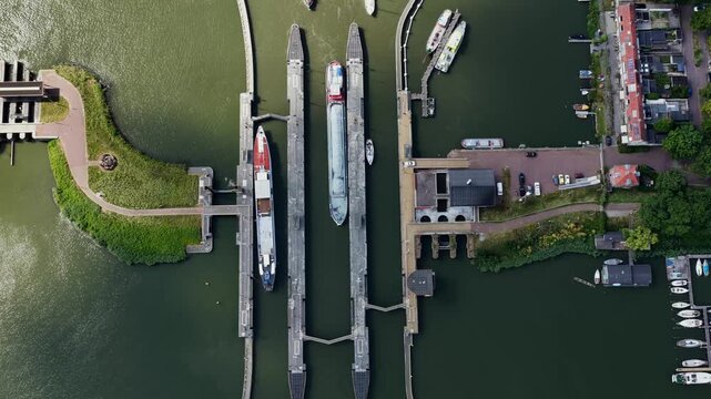 Aerial top-down view of the Oranjesluizen in the Netherlands