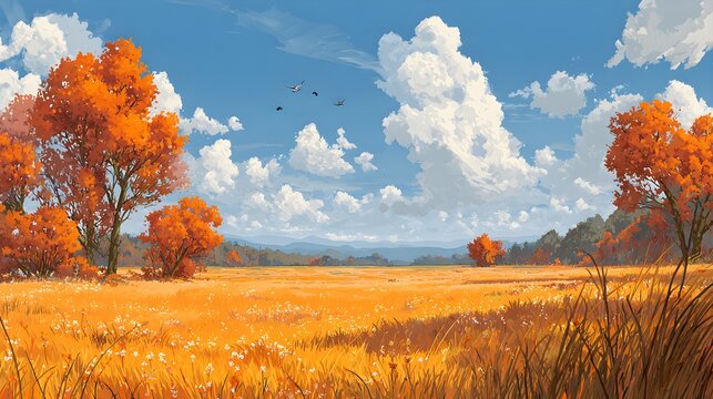Open golden field with scattered orange trees and billowing white clouds