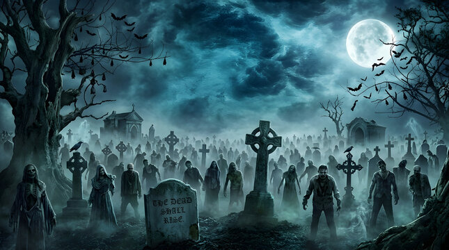 Spooky graveyard with zombies rising at night under a full moon in a misty cemetery scene