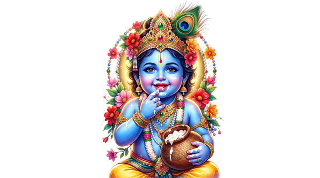 Baby krishna with peacock feather and butter pot isolated on transparent background