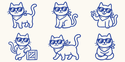Fototapeta premium Six cool cats wearing sunglasses and bandanas in various poses a simple hand made doodle on a cream background representing fun and style