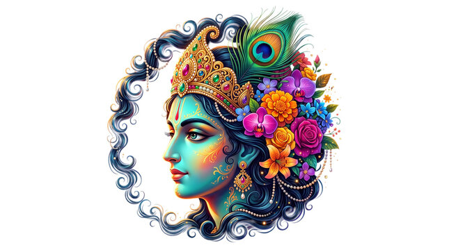 Lord krishna profile portrait with peacock feather and flowers isolated on transparent background