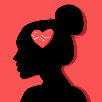 female head silhouette in profile with a red heart and pulse wave inside her brain, symbolizing woman's psychological health, love, romantic thoughts, and therapy.