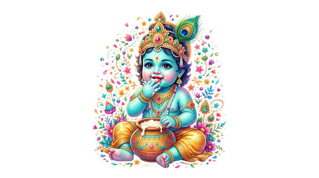 Cute baby krishna eating butter from a pot isolated on transparent background