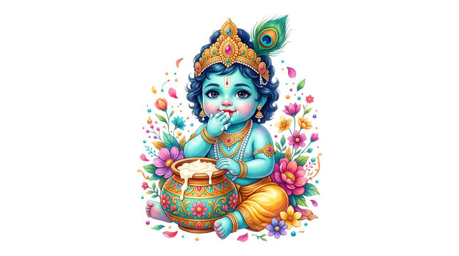 Cute baby krishna eating butter from a pot isolated on transparent background