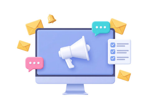 Digital marketing communication concept with computer monitor, megaphone, messages, email envelopes, and checklist icons on a transparent background