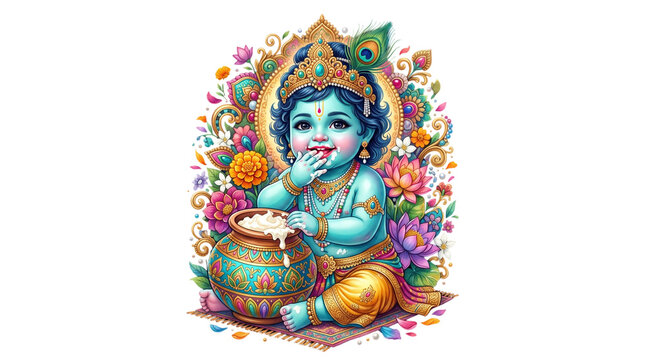 Cute baby krishna eating butter from a pot isolated on transparent background