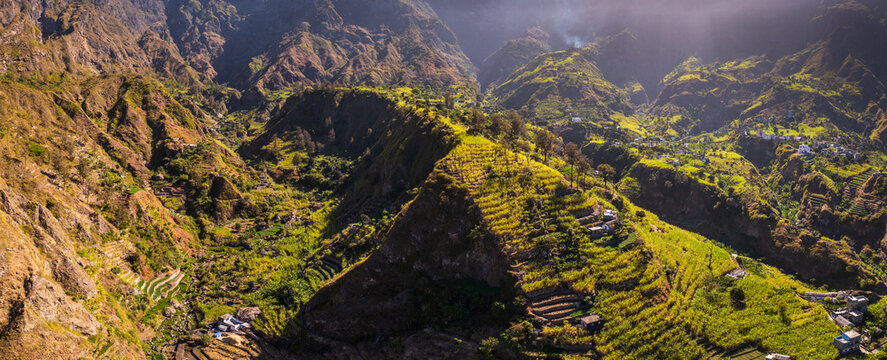 Aerial view of the lush terraced mountainsides and deep valleys of Santo Antao in Faja de Cima, Paul, Cabo Verde.