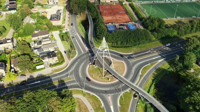 Aerial view of De Slinger bicycle bridge in Drachten, the Netherlands