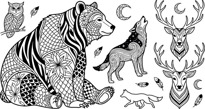 Tribal forest wild animals line art vector set with mandala bear owl howling wolf deer heads fox feathers crescent moons