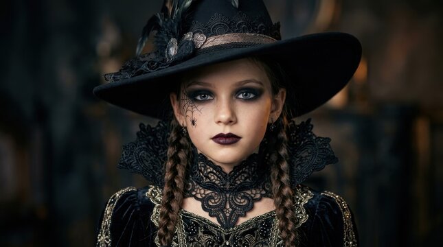 Young girl dressed as witch for halloween spooky theme