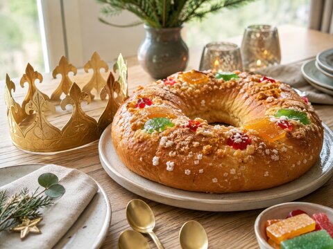 Rosc&oacute;n de Reyes zur Epifan&iacute;a del Se&ntilde;or: traditioneller spanischer Dreik&ouml;nigskuchen mit kandierten Fr&uuml;chten und goldener Krone, festlich gedeckt f&uuml;r den 6. Januar.