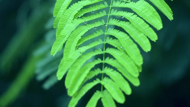 Fresh raindrops on vibrant green leaves, captured in close-up against a softly blurred natural background. Detailed leaflets, moisture and shallow depth of field create a peaceful monsoon nature scene