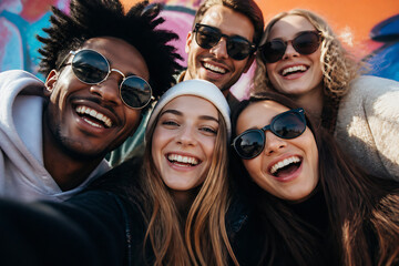 Fototapeta premium A group of diverse young adults are taking a selfie outdoors, smiling and appearing happy.