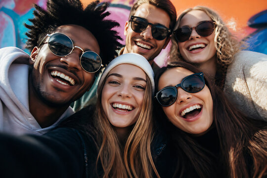 A group of diverse young adults are taking a selfie outdoors, smiling and appearing happy.