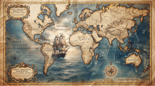 Vintage world map with sailing ship, detailed continents, compass rose, and antique nautical design elements