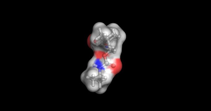 Carisoprodol, centrally acting skeletal muscle relaxant used for the short-term relief of acute musculoskeletal pain and discomfort, 3D molecule spinning, 4K