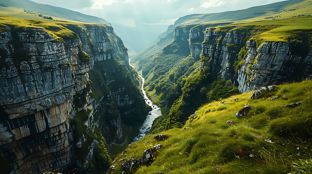 A deep scenic green canyon gorge with a flowing winding river cutting through massive rocky cliffs and grassy hills mountain landscape outdoors wilderness destination exploration adventure