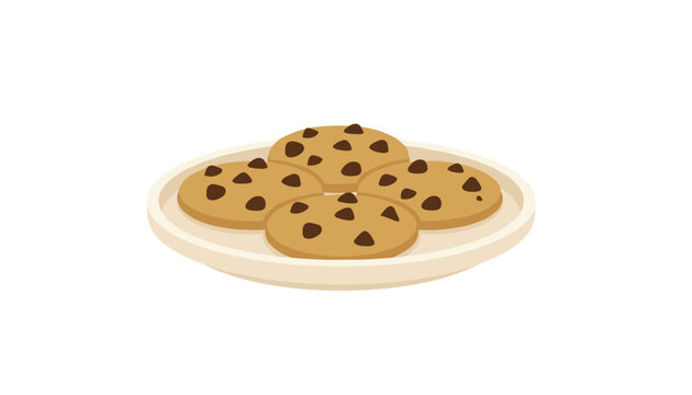 Freshly baked plate of delicious golden brown chocolate chip cookies isolated on plain white background.