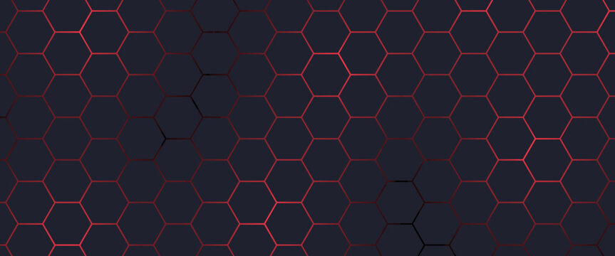 Dark gray and red horizontal hexagonal technology abstract vector background. red bright energy flashes under hexagon in futuristic modern technology wide banner. Dark gray honeycomb texture grid.