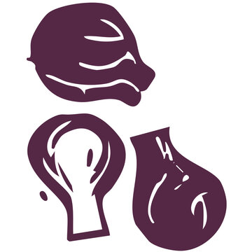 Cebolla morada ilustraca, Estilo color plano, tecnica de sello linobrabado digital, fondo transparente. 