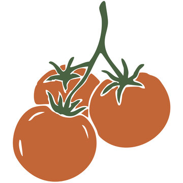 Gurpo de tres tomates, jitomates, ilustraci&oacute;n Estilo color plano, tecnica de sello linobrabado digital, fondo transparente. 