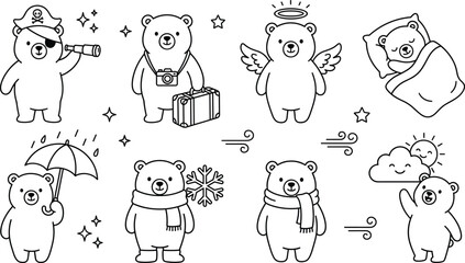 Fototapeta premium Cute Teddy Bear Character Vector Line Art Set with Pirate Traveler Angel Sleeping and Rainy Costumes