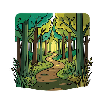 A charming cartoon forest path winding through green trees.