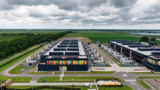 Aerial view of a modern hyperscale data center in the Netherlands