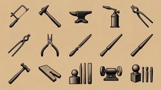 Assorted goldsmithing and metalworking tools in engraved halftone style for professional jewelry design and creative craft workshops.
