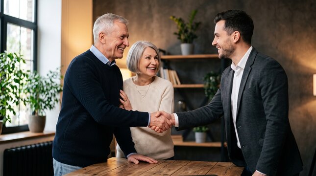 Smiling senior couple shaking hands with male advisor during tax planning meeting at home, finalizing legal financial documents, estate investment agreement, and wealth management strategy.