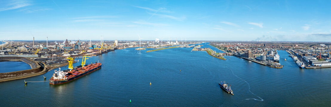 Panoramic overview of the North Sea Canal and industrial port in Europe