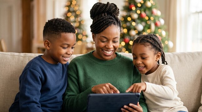 Happy African American mother with cute children using digital tablet at home near Christmas tree. Black family browsing online store, streaming holiday media and choosing winter gifts.