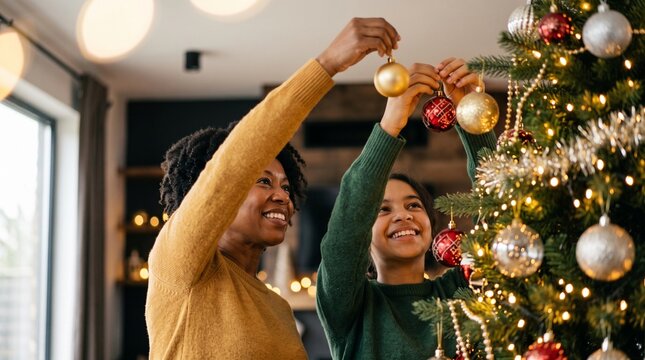 Happy Black mother and teen daughter hanging golden baubles on Christmas tree at home. Festive holiday interior background for winter family sales, festive marketing and seasonal banner.