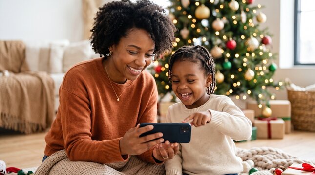Joyful African American mother and daughter using smartphone together at cozy home near Christmas tree, happy family watching video greeting card or shopping online for holiday gifts here