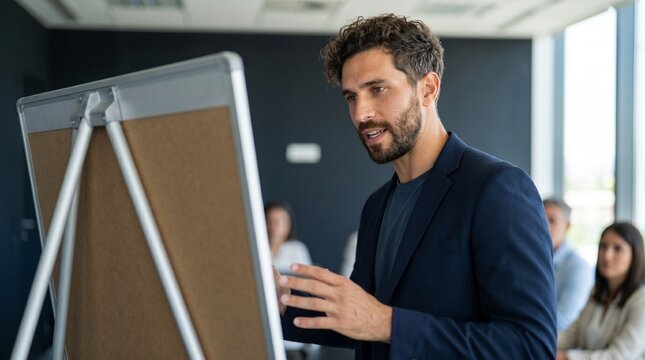Confident male speaker giving presentation on flipchart during marketing strategy training workshop in office conference room, explaining commercial growth, analytics, and business plan to team.