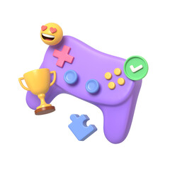 3D render of a purple video game controller surrounded by a gold trophy love emoji checkmark and puzzle piece isolated on for design and tech.3d render © Oleksandr