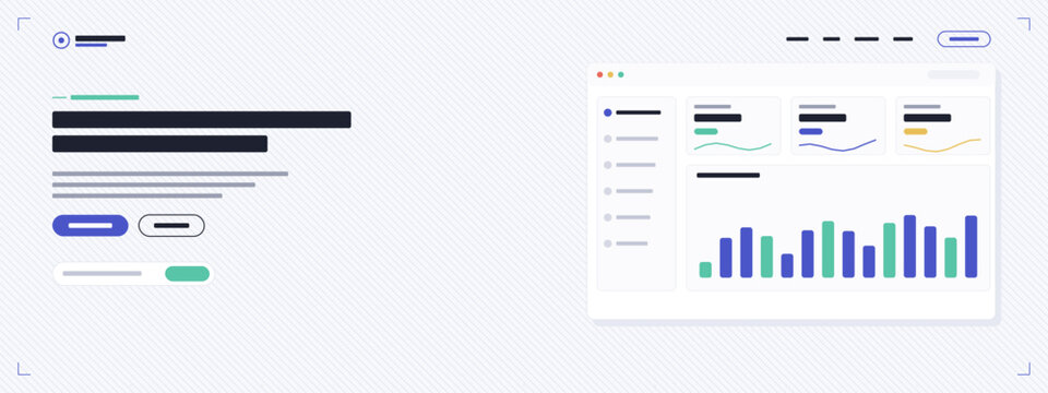 SaaS product website banner template with dashboard mockup sidebar stat cards bar chart and placeholder text layout, tech startup hero vector design