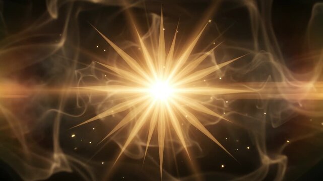 Abstract golden light explosion with glowing starburst and soft smoke particles on a dark background 4k video