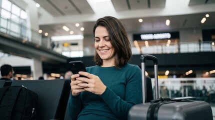 Fototapeta premium Smiling brunette woman sitting with suitcase in airport terminal lounge using online banking mobile application on smartphone, checking financial transfer, travel booking, and digital payments.