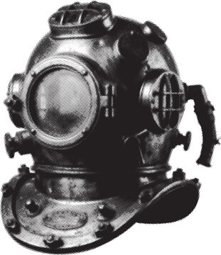 Vintage deep sea diving helmet in metallic halftone with dramatic lighting for retro adventure concepts