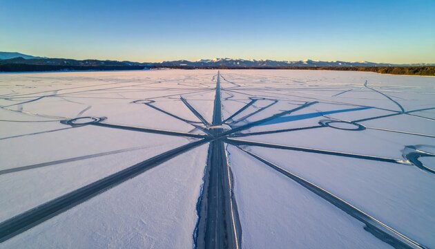 Aerial geometric patterns in snow covered landscape.